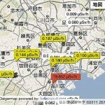 クラウドソースによる日本各地の放射線測定値を可視化するマップで、11月15日に、品川が19マイクロシーベルト/hという高い数値に